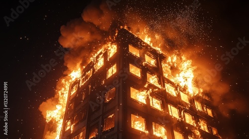 A factory building in flames, with sparks and smoke filling the air 