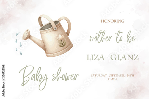 Baby shower watercolor card with a watering can. Watercolor baby shower.