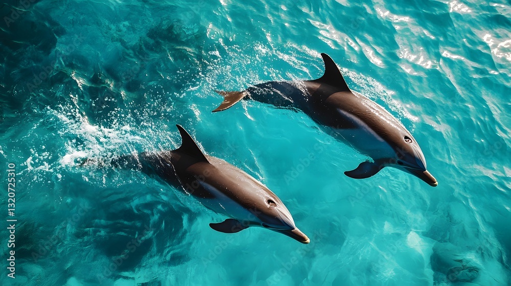 Naklejka premium Playful Dolphins Leaping in Turquoise Ocean Waters Showcasing Oceanic Harmony