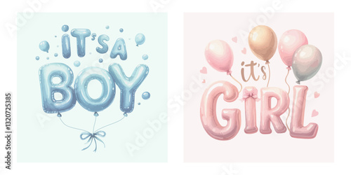 Cute baby shower watercolor invitation card. Its a girl, Its a boy card with pink and blue balloon.