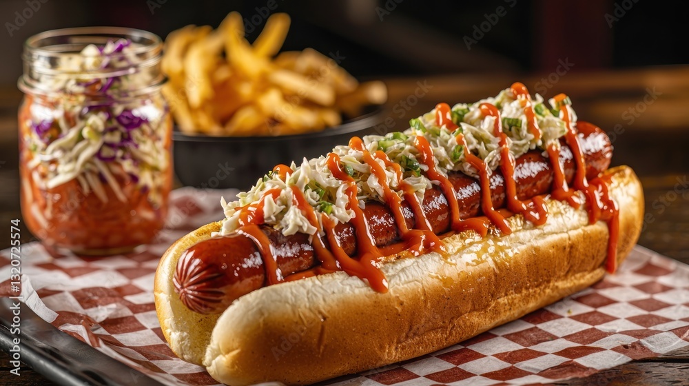Appetizing hot dog with ketchup cabbage and fries on rustic wooden backdrop offering tasty gourmet Appetizing hot dog with ketchup cabbage and fries on rustic wooden backdrop offering tasty gourmet