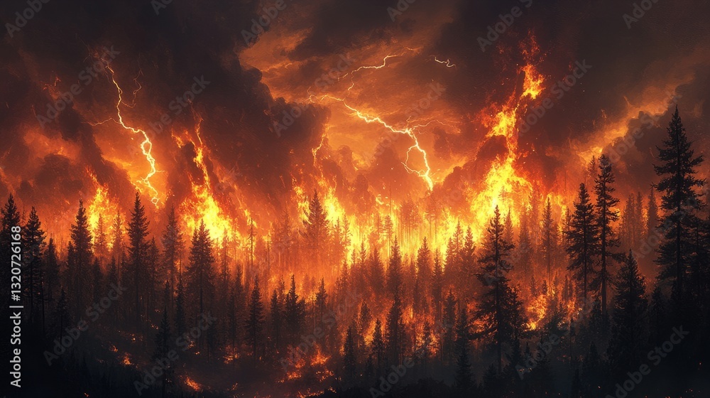 A forest ablaze during a storm, with lightning flashing in the background A forest ablaze during a storm, with lightning flashing in the background