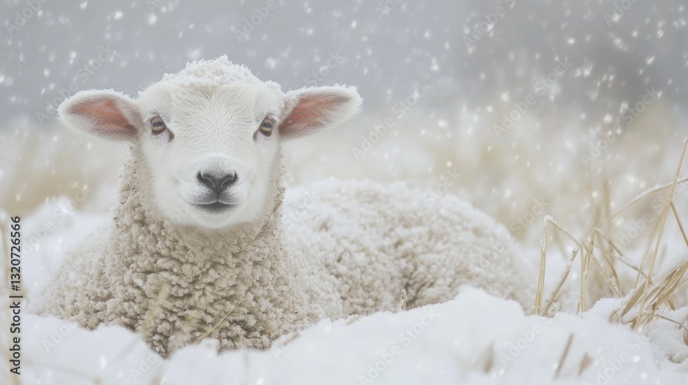 Fototapeta premium A fluffy white lamb rests in snowy field, snowflakes falling