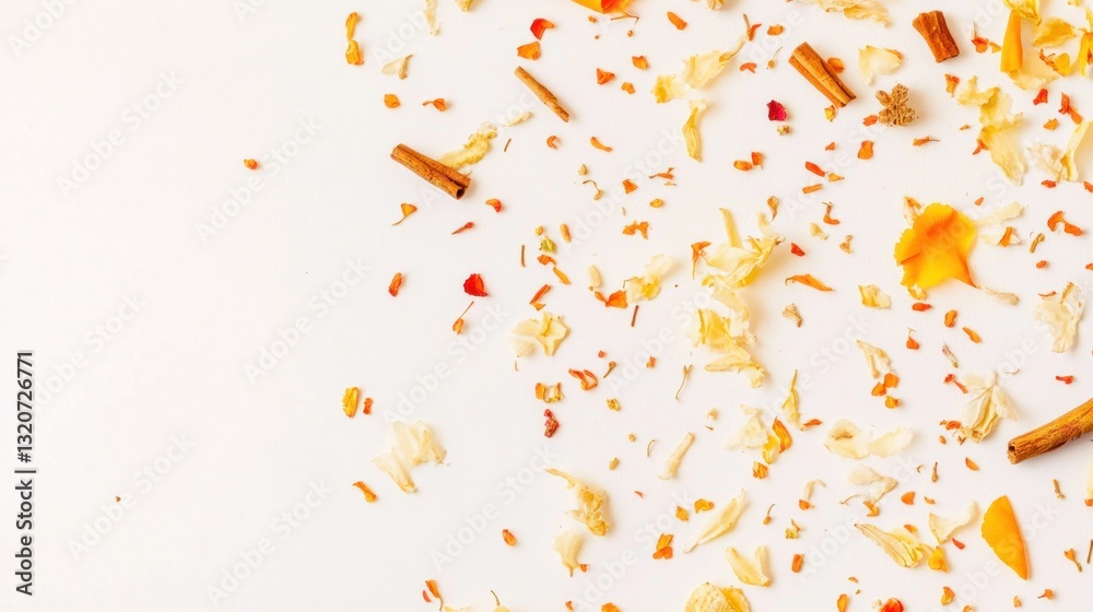 Scattered dried flower petals and cinnamon sticks on white background Scattered dried flower petals and cinnamon sticks on white background