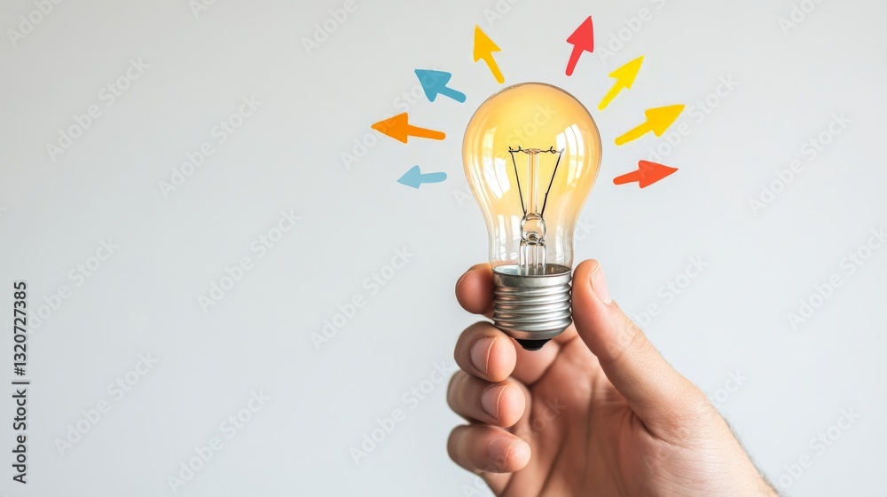 Person holding glowing light bulb with multicolor arrows radiating outward representing breakthrough ideas and business success innovation Person holding glowing light bulb with multicolor arrows radiating outward representing breakthrough ideas and business success innovation