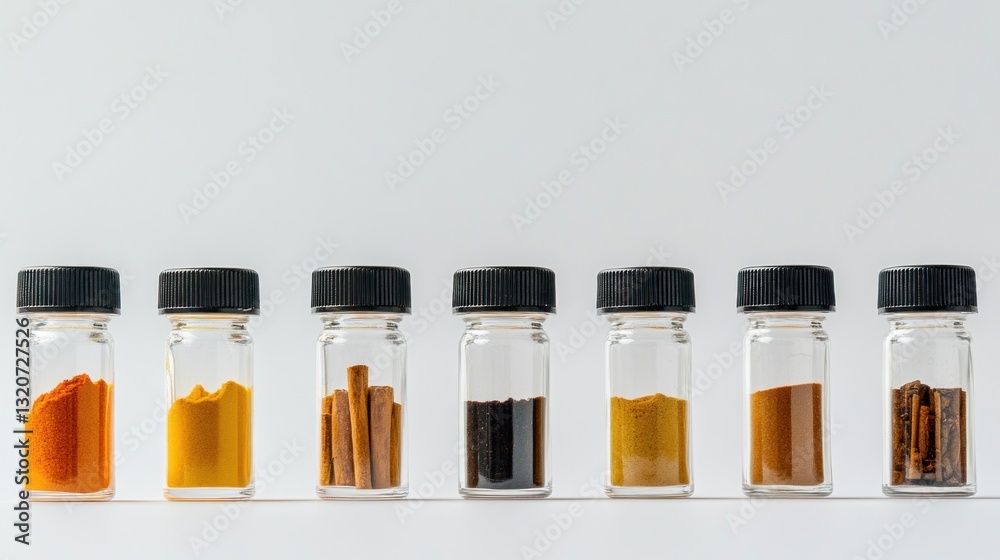 Seven small glass vials, each containing a different spice, neatly arranged Seven small glass vials, each containing a different spice, neatly arranged
