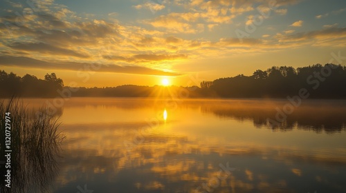 A mystical sunrise over nature, divine inspiration, hope and renewal in a golden glow