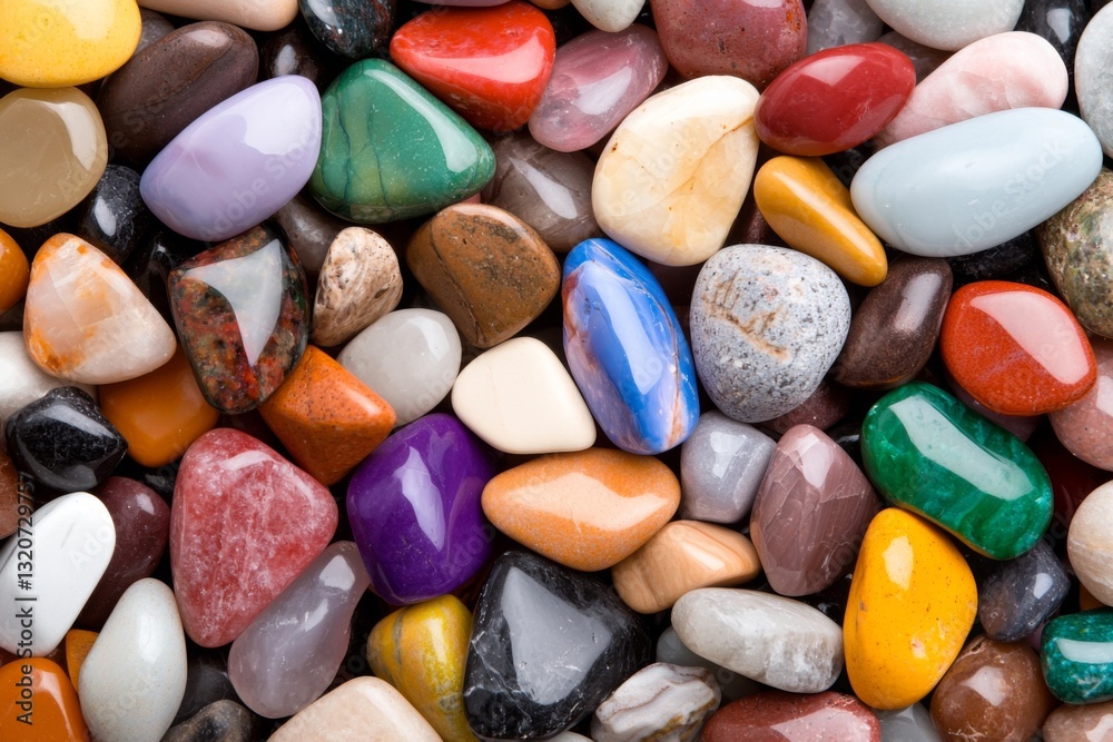 A vibrant collection of polished stones in various colors and shapes A vibrant collection of polished stones in various colors and shapes