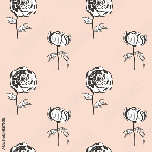 Repeat botanical ornament with stylized blossoming peonies outline. Vector seamless pattern with blooming summer flowers. Floral wallpaper. Texture for textile or wrapping paper.