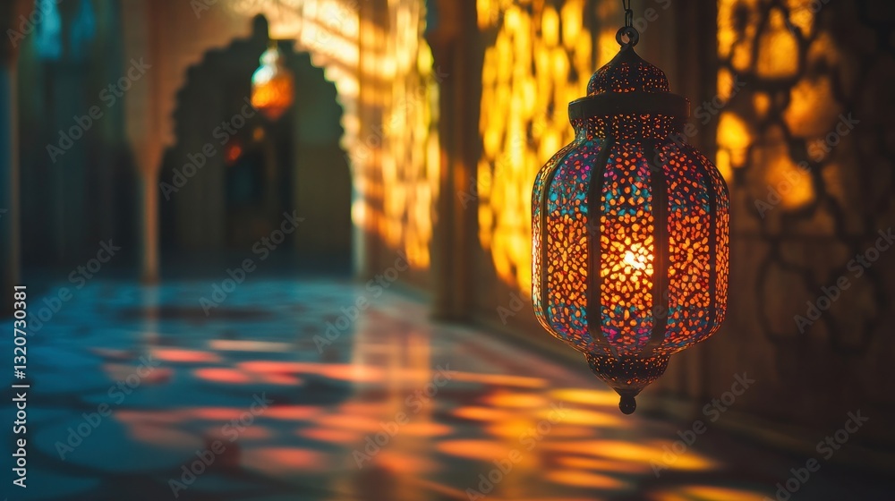 Obraz premium Intricate, colorful lantern illuminates a dimly lit hallway with patterned walls