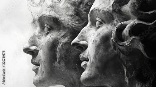 European ancient black and white style, real platonic character portrait. In the debate with many people, there are body movements, exaggerated abstractions