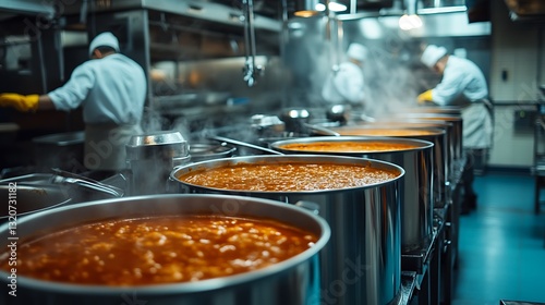 Chefs prepare large pots of steaming hot soup