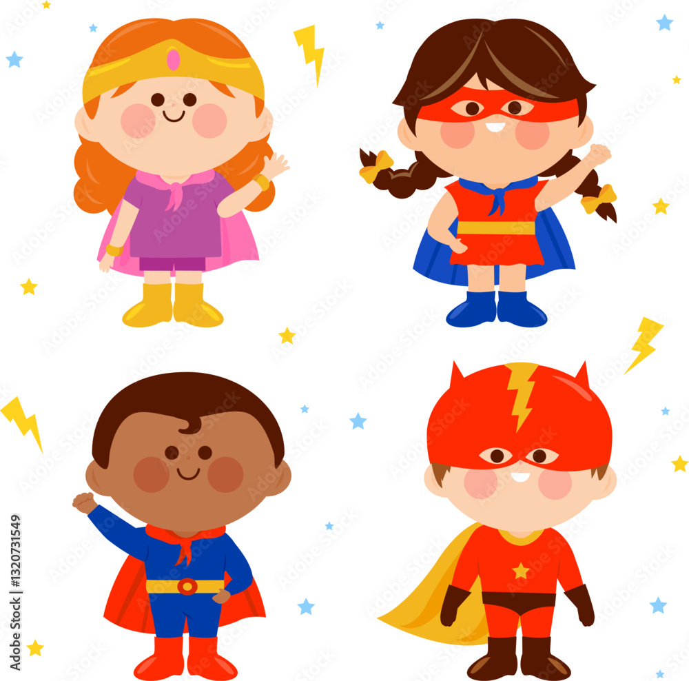 Happy Super hero children, girl and boys. Cartoon kids in carnival uniforms and masks. Characters set. Strong active kids with super powers in super hero costumes and capes. Vector illustration Happy Super hero children, girl and boys. Cartoon kids in carnival uniforms and masks. Characters set. Strong active kids with super powers in super hero costumes and capes. Vector illustration