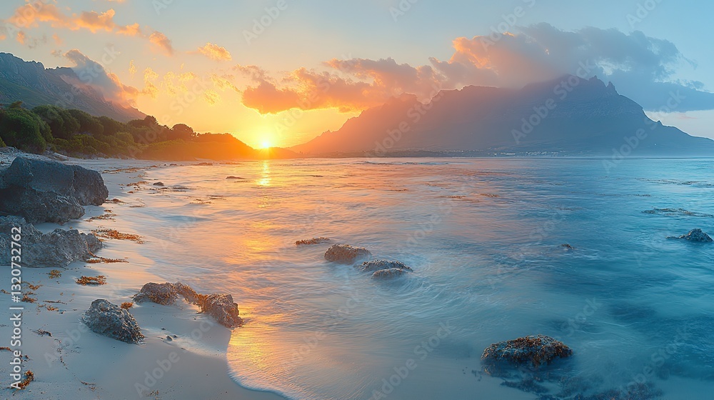 Fototapeta premium Sunlight at sunrise casts long shadows over mountain peaks, illuminating tranquil ocean waters below, creating a serene landscape.