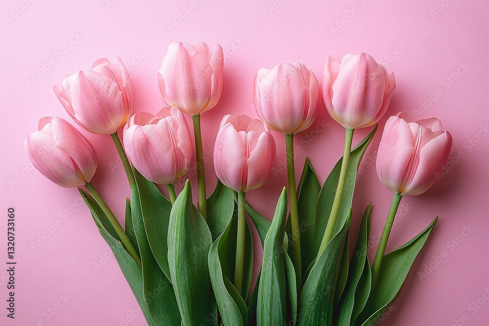 Fototapeta premium A minimalist arrangement of six light pink tulips, perfect for Valentine's Day, wedding invitations, floral greetings, or romantic decor with a gentle pastel aesthetic.