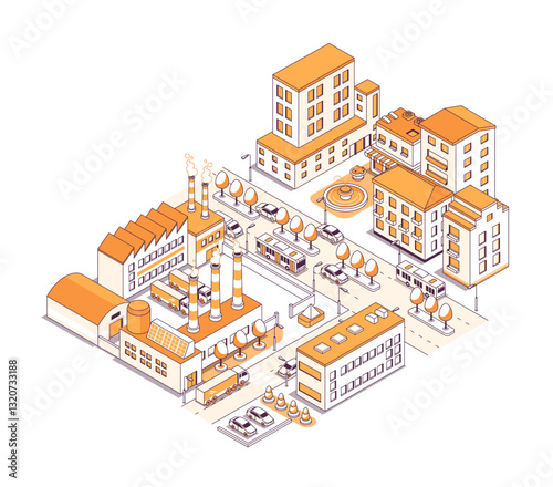 Industrial part separated from residential - vector isometric illustration