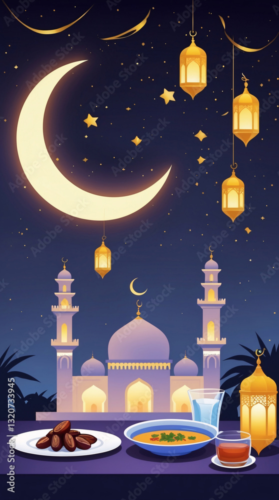 Ramadan celebration with mosque decorated with glowing lanterns crescent moon dates fruits and iftar dinner scene arabic theme islamic ramadhan poster Ramadan celebration with mosque decorated with glowing lanterns crescent moon dates fruits and iftar dinner scene arabic theme islamic ramadhan poster