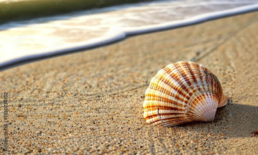 Seashell on sandy beach with ocean waves in background Seashell on sandy beach with ocean waves in background