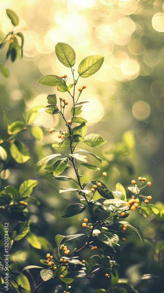 Obraz premium Sunlight filters through foliage highlighting vibrant green leaves and budding flowers in a tranquil forest setting