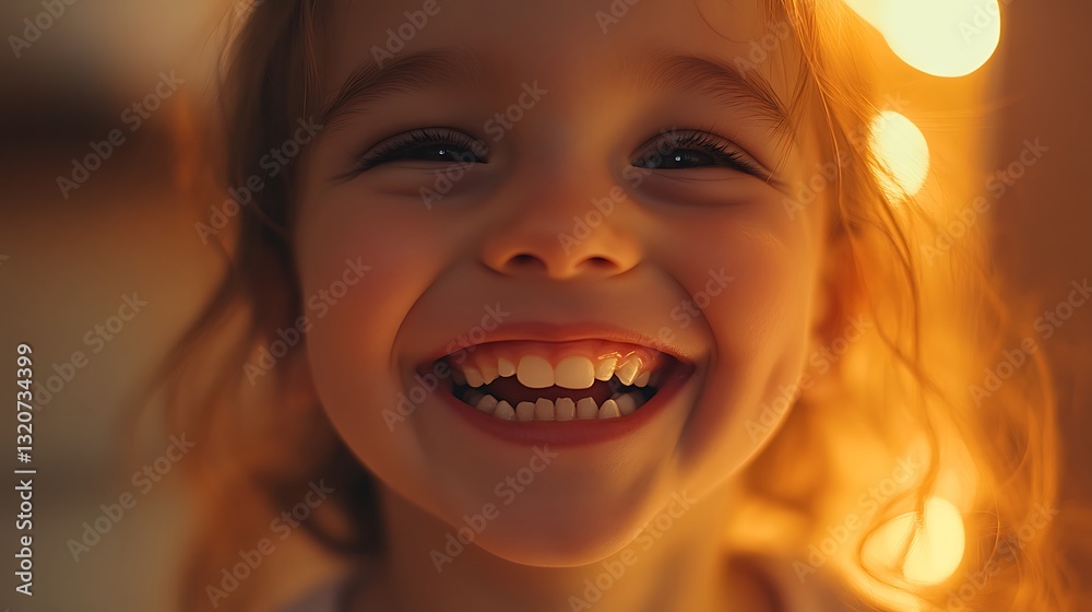 Happy Little Girl Smiling Brightly With Warm Lights Happy Little Girl Smiling Brightly With Warm Lights