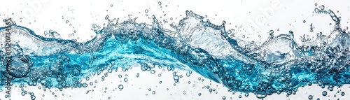 Dynamic Water Waves Splashing with Droplets in Clear Blue Background