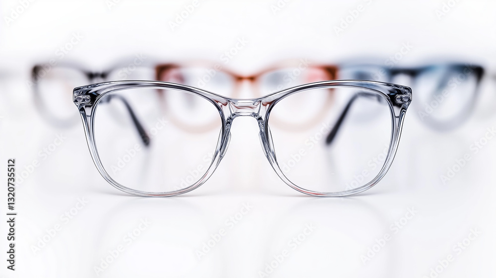 Transparent rimless eyeglasses prominently positioned against blurred, colorful glasses background, highlighting individual vision and unique fashion choices Transparent rimless eyeglasses prominently positioned against blurred, colorful glasses background, highlighting individual vision and unique fashion choices