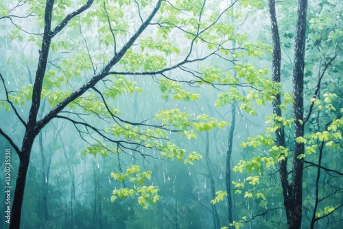 Spring rain nourishes lush greenery adorned with glistening droplets, highlighting nature's revival in a peaceful woodland, ideal for uplifting and calming visuals