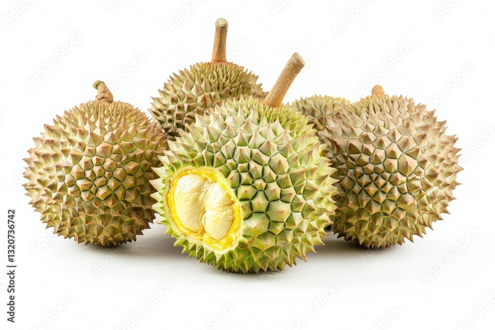 Exotic durian fruit still life on seamless white background with one cut open showing pale yellow flesh Exotic durian fruit still life on seamless white background with one cut open showing pale yellow flesh