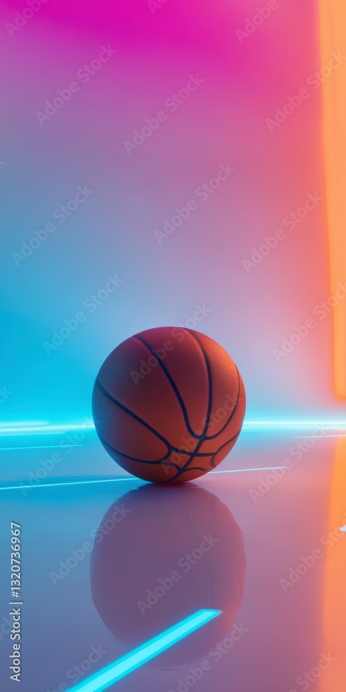 Fototapeta premium Orange Basketball on Reflective Surface with Neon Pink and Blue Lighting