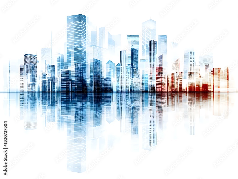 Obraz premium Urban skyscrapers reflected in water cityscape digital art futuristic setting aerial view modern city concept