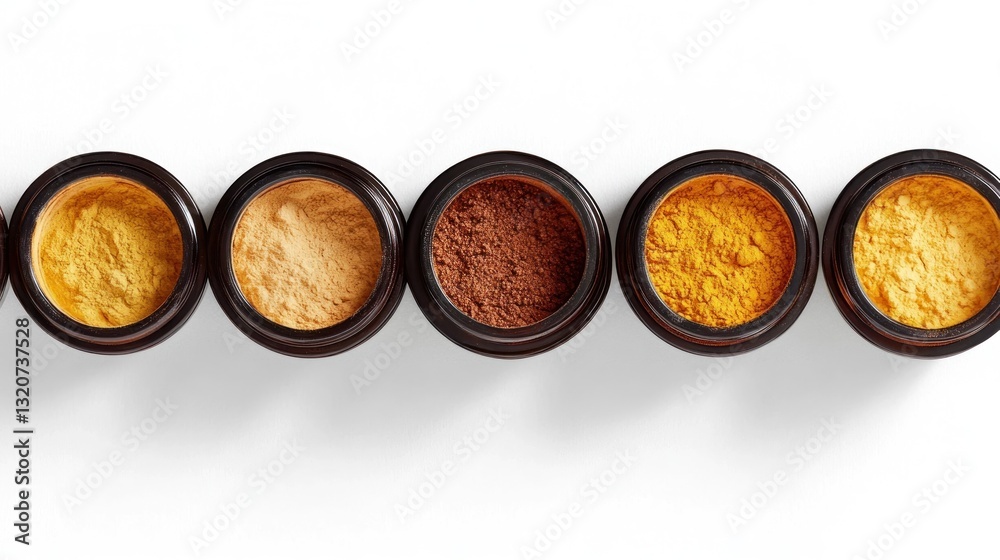 Five small jars of assorted spices, powders, and seasonings arranged in a row on a white background Five small jars of assorted spices, powders, and seasonings arranged in a row on a white background