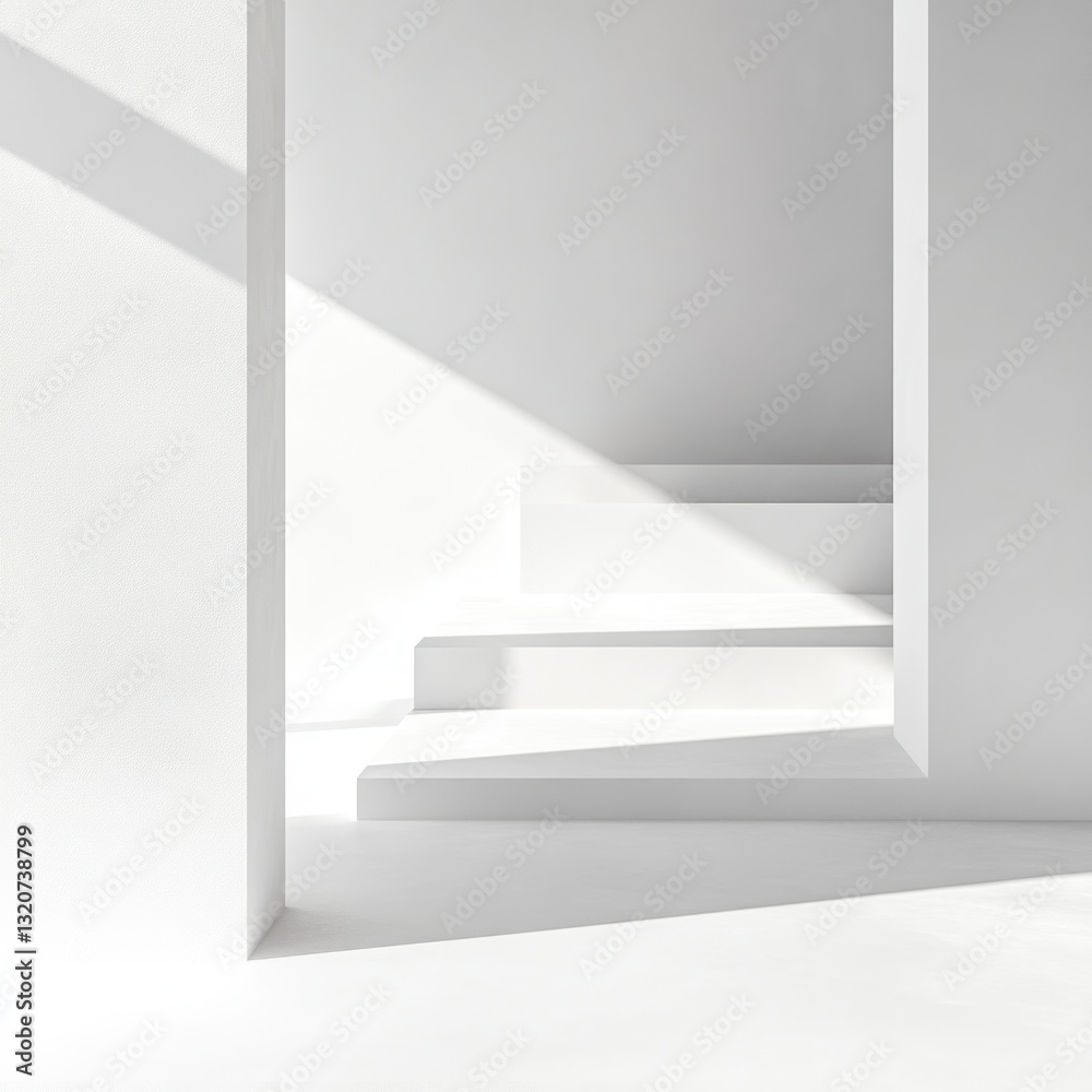 Fototapeta premium Minimalist Interior with White Steps Illuminated by Sunlight Creating a Clean and Architectural Aesthetic for a Modern Space