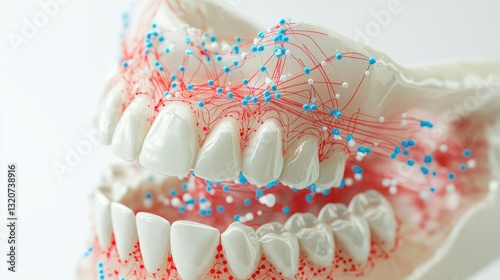 Detailed dental model showcasing intricate network of blood vessels and nerve endings, highlighting oral health complexity