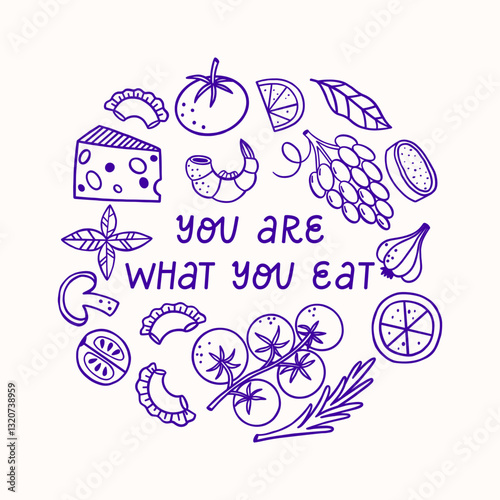 Hand drawn set of Italian cuisine products. Handwritten phrase.