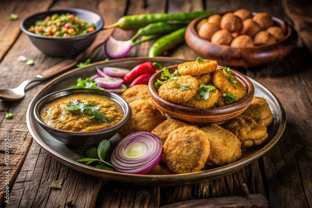 Bihar's Culinary Delight: Sattu Litti Chokha with Baingan Bharta & Pickles - Long Exposure Photography Bihar's Culinary Delight: Sattu Litti Chokha with Baingan Bharta & Pickles - Long Exposure Photography