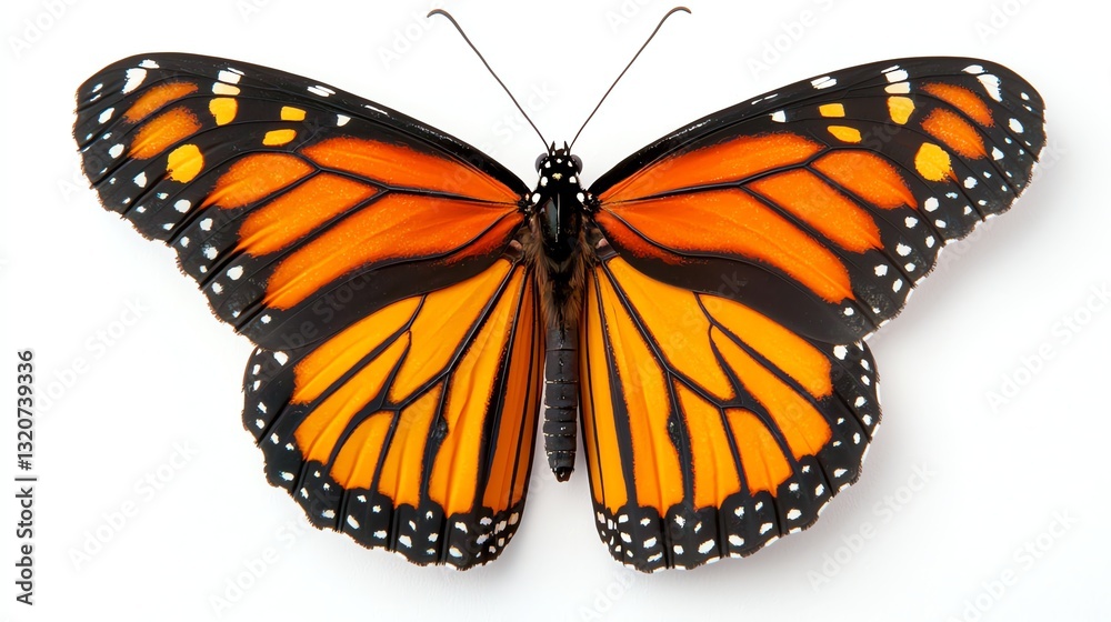 Fototapeta premium Isolated Monarch Butterfly with Open Wings Displaying Vibrant Orange and Black Colors