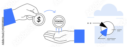 Hand holding dollar coin exchanging for token, analytics graph, and cloud illustration. Ideal for cryptocurrency, blockchain, fintech, digital economy, data analysis technology innovation. Flat
