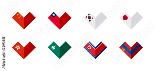 friendship concept. heart shaped icons of china, taiwan, south korean, japan, hong kong, macau, north korea and mongolia flags. vector illustration isolated on white background