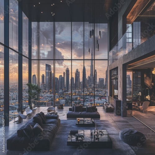 High-rise penthouse with floor-to-ceiling windows overlooking a city skyline at sunset. Elegant living space with modern interior design and panoramic view. Generative AI.