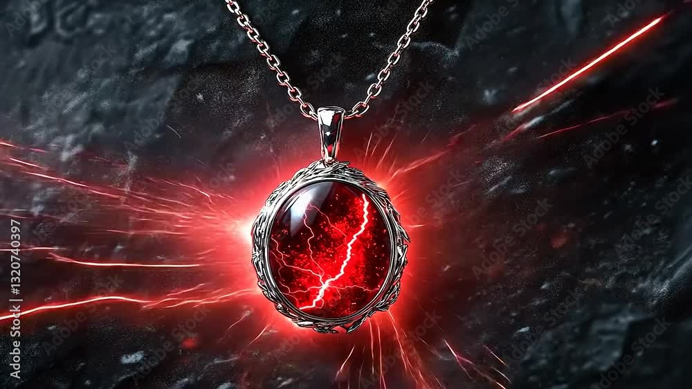 A stunning red lightning pendant glows against a dark rocky background, showcasing intricate design