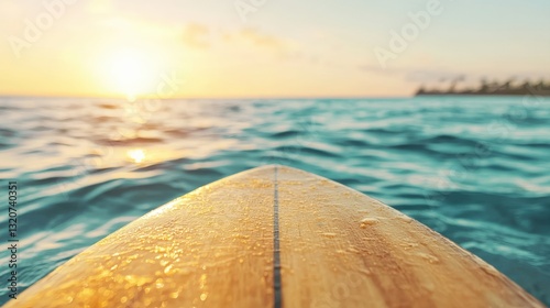 Surfer's view of a surfboard at sunset over the ocean waves.