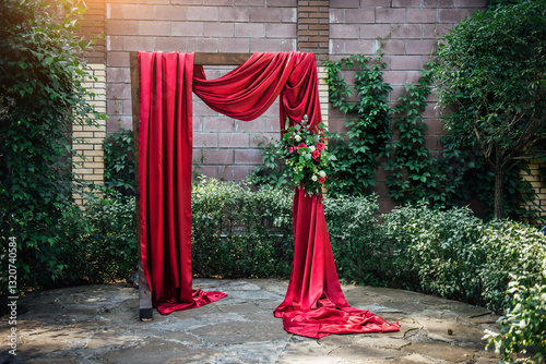 A wedding wooden arch decorated with red cloth and fresh flowers surrounded by green plants against a stone wall and stone floor. The concept of a luxury wedding with an ancient castle