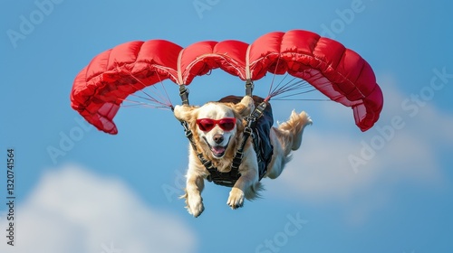 Happy Dog Parachuting with Red Canopy and Stylish Sunglasses