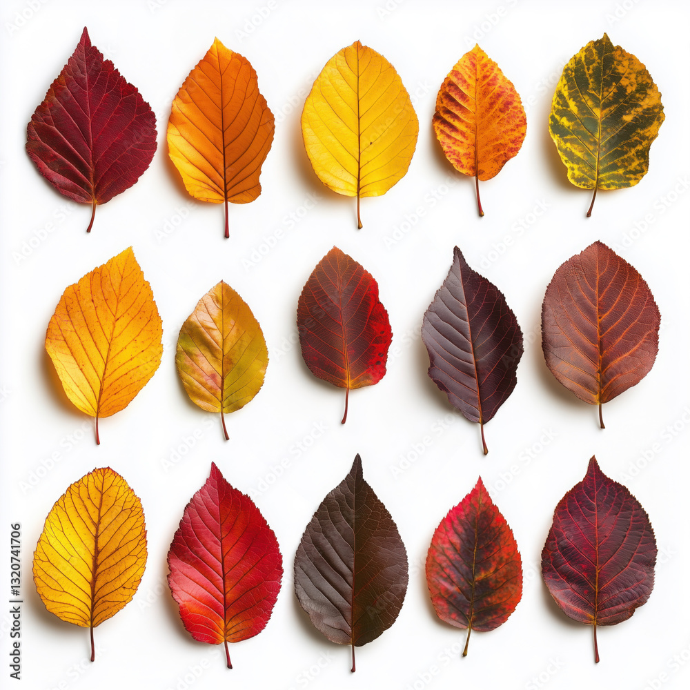 Fototapeta premium Colorful autumn leaves showing changing colors on white background