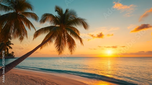 Tropical Sunset Beach Palm Trees - Golden Hour