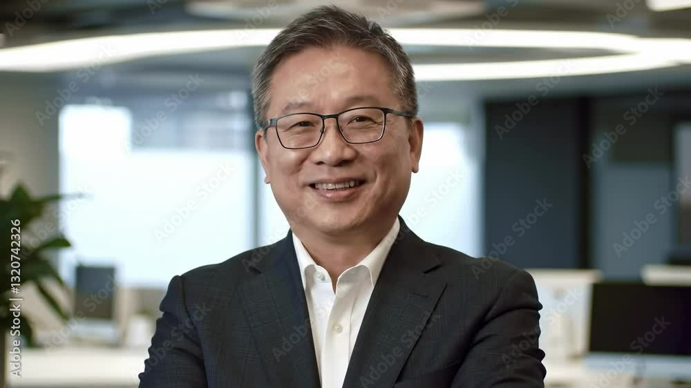 Confident Middle-Aged Asian Male Executive Smiling in Modern Office Environment with Professional Attire and Glasses, Radiating Leadership and Positivity Confident Middle-Aged Asian Male Executive Smiling in Modern Office Environment with Professional Attire and Glasses, Radiating Leadership and Positivity