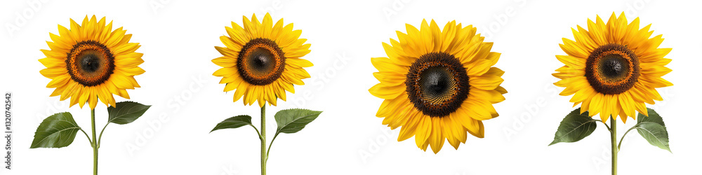 Fototapeta premium Stunning close up view of several bright yellow sunflowers blooming in a lush green field on a sunny summer day The sunflowers are in full bloom