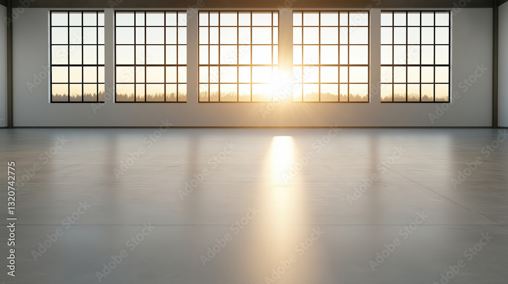 Bright sunlight streaming through expansive windows, highlighting concrete floor in minimalist industrial loft Bright sunlight streaming through expansive windows, highlighting concrete floor in minimalist industrial loft