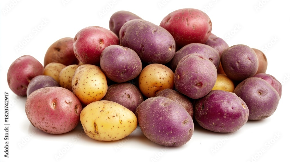 A pile of small, colorful potatoes in red, purple, and yellow hues, isolated on a white background A pile of small, colorful potatoes in red, purple, and yellow hues, isolated on a white background