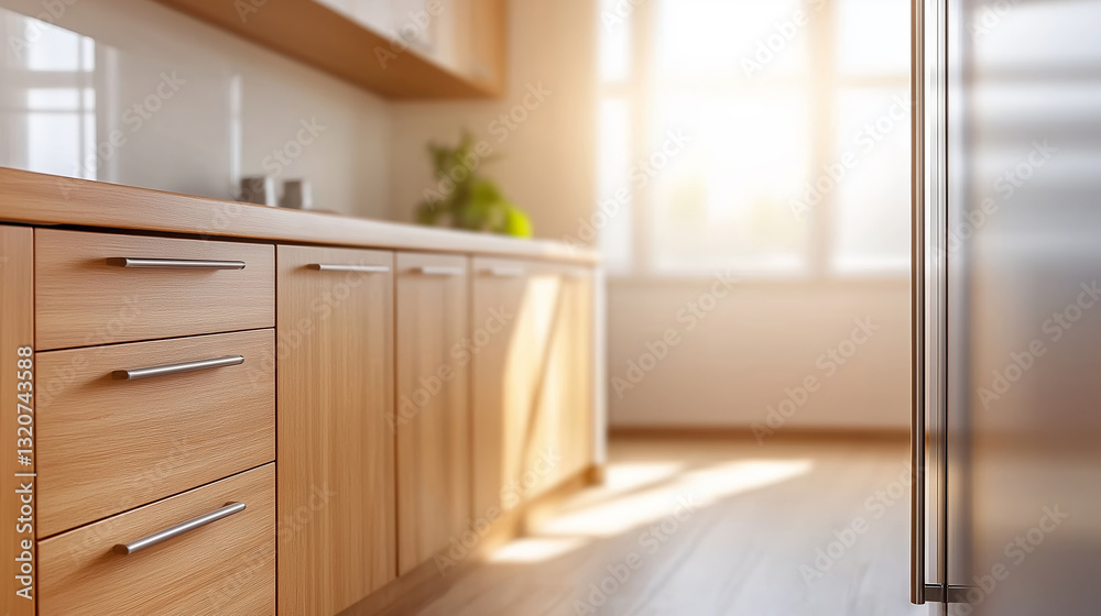 Fototapeta premium Sunlight streams into a modern minimalist kitchen featuring light wooden cabinets, sleek silver handles, and a bright open design